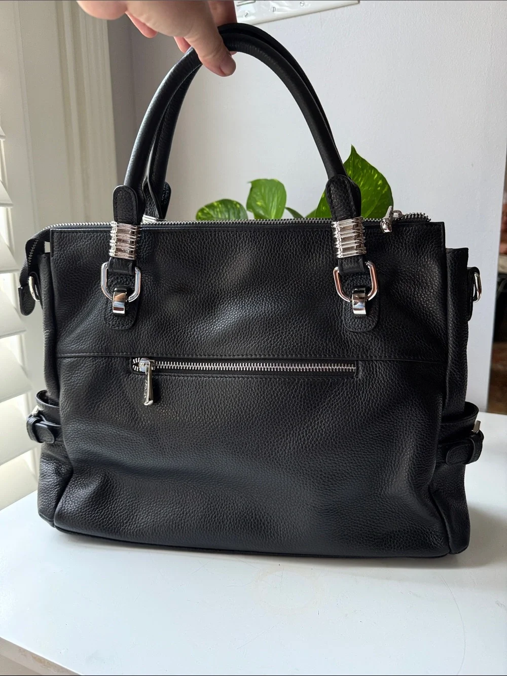 S-Zone Structured Black Pebbled Leather Satchel/Crossbody with Silver Accents